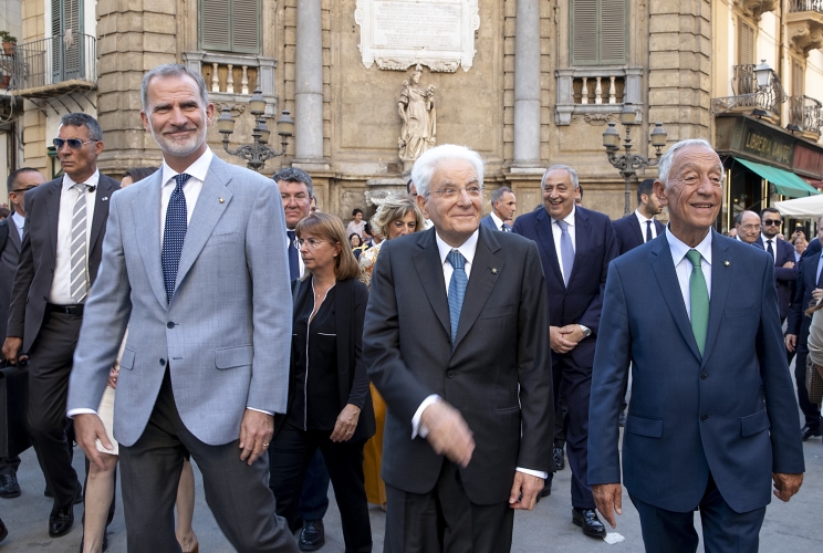 Palermo - Il Presidente della Repubblica Sergio Mattarella con S.M. Felipe VI, Re di Spagna e S.E. il Signor Marcelo Rebelo De Sousa, Presidente della Repubblica Portoghese in visita alla città di Palermo