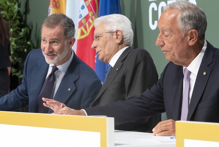Palermo - Il Presidente della Repubblica Sergio Mattarella con di S.M. Felipe VI, Re di Spagna e di S.E. il Signor Marcelo Rebelo De Sousa, Presidente della Repubblica Portoghese, in occasione della riunione del COTEC, oggi 27 giugno 2023.
