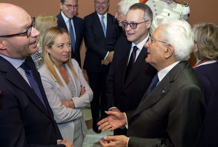 Il Presidente Sergio Mattarella con il Presidente del Consiglio Giorgia Meloni, il Presidente di Confindustria Carlo Bonomi e il Presidente della Camera dei Deputati Lorenzo Fontana, all’Assemblea Generale di Confindustria
