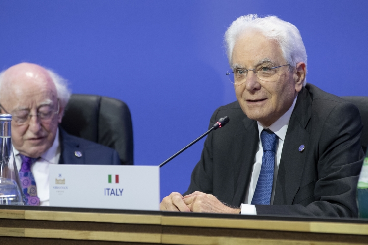 Il Presidente della Repubblica Sergio Mattarella durante le dichiarazioni alla stampa occasione  del XVIII riunione dei Capi di Stato del gruppo Arraiolos 
