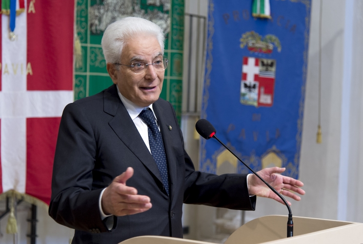 Il Presidente Sergio Mattarella nel corso dell'intervento alla cerimonia per i 450 anni del Collegio Ghislieri