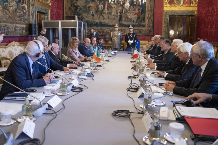Il Presidente della Repubblica Sergio Mattarella con Michael D. Higgins Presidente d’Irlanda durante i colloqui con le rispettive delegazioni
