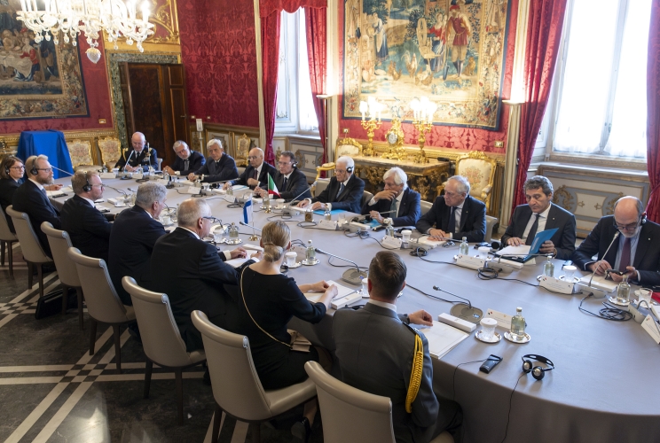 Il Presidente della Repubblica Sergio Mattarella nel corso dei colloqui allargati alle rispettive delegazioni con Sauli Niinistö, Presidente della Repubblica di Finlandia, in visita di Stato