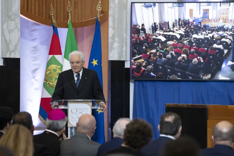Il Presidente della Repubblica Sergio Mattarella durante la cerimonia d’inaugurazione dell’anno accademico 2023/2024 dell’Università degli Studi di Napoli Federico II in occasione dell’ottocentesimo anno dalla fondazione
