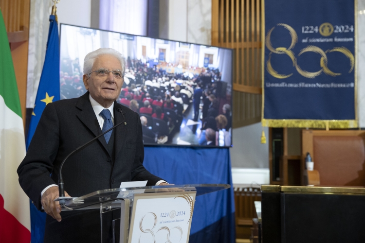 Il Presidente della Repubblica Sergio Mattarella durante la cerimonia d’inaugurazione dell’anno accademico 2023/2024 dell’Università degli Studi di Napoli Federico II in occasione dell’ottocentesimo anno dalla fondazione

