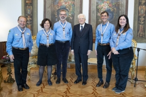 Il Presidente della Repubblica Sergio Mattarella con Francesco Scoppola e Roberta Vincini,Presidenti del Comitato nazionale AGESCI,insieme a Fabrizio Marano,Capo Scout,Daniela Ferrara,Capo Guida,Padre Roberto Del Riccio,Assistente ecclesiastico generale,in occasione del 50° anniversario della fondazione
