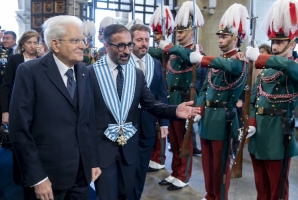 Il Presidente della Repubblica Sergio Mattarella con i Capitani reggenti Filippo Tamagnini e Gaetano Troina in occasione della Visita di Stato nella Repubblica di San Marino