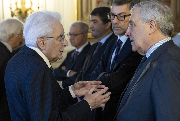 Il Presidente Sergio Mattarella con Antonio Tajani, Vice Presidente del Consiglio dei Ministri - Ministro degli Affari Esteri e della Cooperazione Internazionale e Giancarlo Giorgetti Ministro dell’Economia e delle Finanze, in occasione dell'incontro con il Presidente del Consiglio dei Ministri ed altri membri del Governo, in vista del Consiglio Europeo