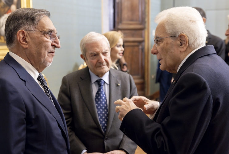 Il Presidente Sergio Mattarella con Ignazio La Russa, Presidente del Senato della Repubblica,e Antonio Barbera, Presidente della Corte costituzionale, in occasione della cerimonia per lo scambio degli auguri di fine anno con i rappresentanti delle istituzioni, delle forze politiche e della società civile