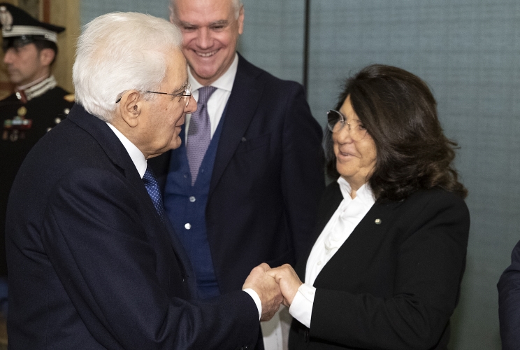 Il Presidente Sergio Mattarella con Paolo Zangrillo, Ministro per la Pubblica Amministrazione e Paola Severino, Presidente della Scuola nazionale dell’amministrazione, in occasione dell'incontro con i vincitori dell’ottavo Corso-concorso SNA di formazione dirigenziale