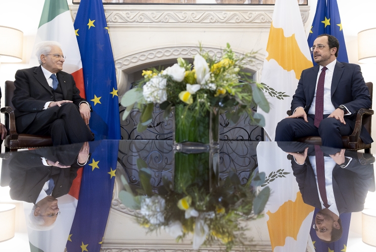 Il Presidente della Repubblica Sergio Mattarella e il Presidente della Repubblica di Cipro Nikos Christodoulides nel corso deli colloqui