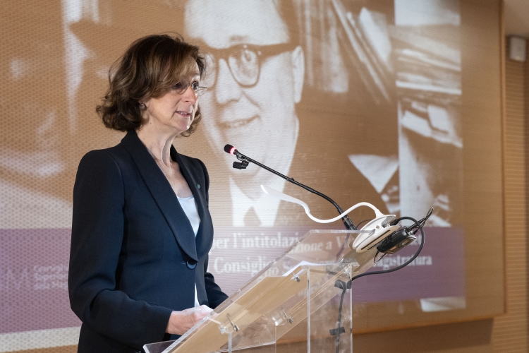 Marta Cartabia, Presidente emerito della Corte costituzionale in occasione della cerimonia per l’intitolazione a Vittorio Bachelet della sede del Consiglio Superiore della Magistratura
