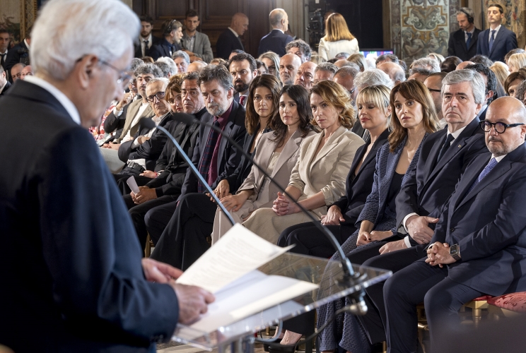 Il Presidente Sergio Mattarella rivolge il suo indirizzo di saluto in occasione della cerimonia di presentazione dei candidati ai Premi “David di Donatello” per l’anno 2024