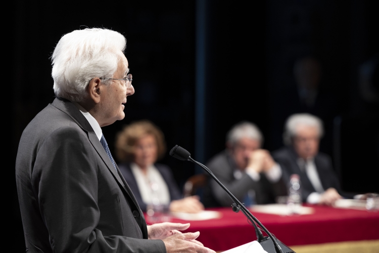 Il Presidente della Repubblica Sergio Mattarella durante il suo intervento alla cerimonia commemorativa del trentesimo anniversario della scomparsa dell’On. Giovanni Goria 
