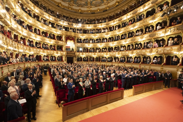Il Presidente della Repubblica Sergio Mattarella al teatro Grande in occasione della cerimonia commemorativa del 50° anniversario della strage di Piazza della Loggia
