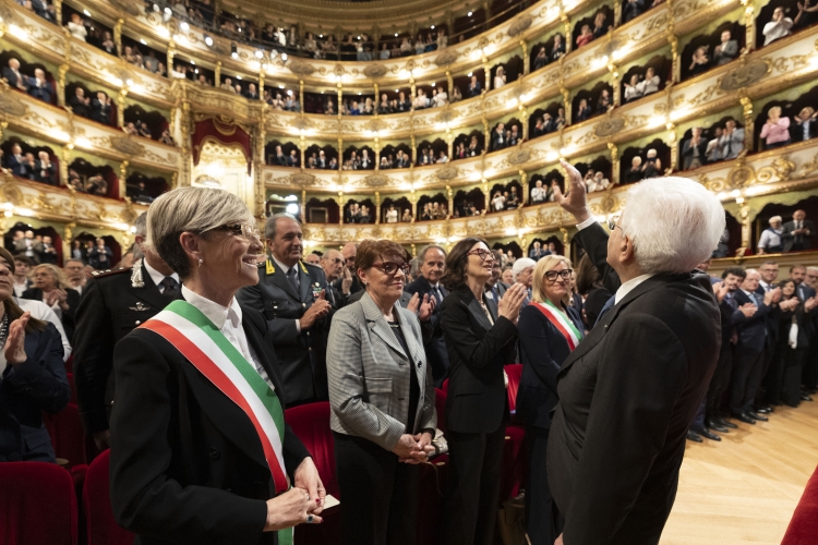 Il Presidente della Repubblica Sergio Mattarella al teatro Grande in occasione della cerimonia commemorativa del 50° anniversario della strage di Piazza della Loggia

