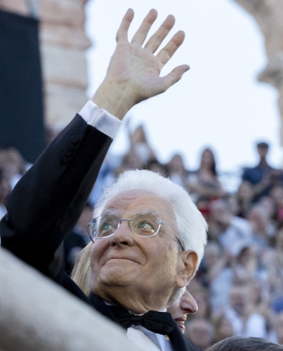 Il Presidente della Repubblica Sergio Mattarella all'Arena di Verona in occasione della rappresentazione del concerto "La grande Opera italiana patrimonio dell'umanità", diretto dal Maestro Riccardo Muti.
