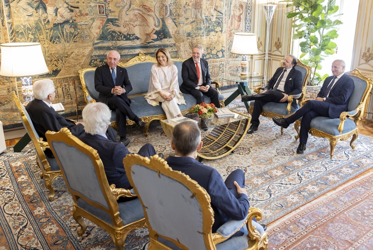 Il Presidente Sergio Mattarella nel corso dell'incontro con Pasquale Stanzione, Garante per la protezione dei dati personali, il S.G. Fabio Mattei e tre membri del collegio