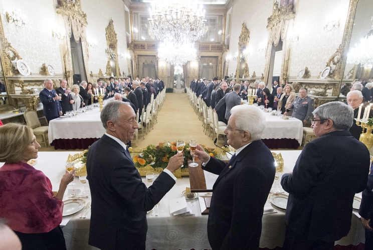 Il Presidente Sergio Mattarella con il Presidente della Repubblica Portoghese Marcelo Rebelo de Sousa al Pranzo di Stato