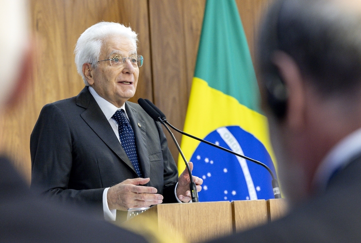 Il Presidente della Repubblica Sergio Mattarella nel corso delle dichiarazioni alla stampa.