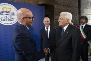 Il Presidente della Repubblica Sergio Mattarella con Lorenzo Fontana, Presidente della Camera dei deputati, in occasione della cerimonia di apertura della XXII riunione dei Presidenti delle Camere Basse dei Paesi membri del G7
