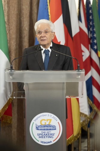 Il Presidente della Repubblica Sergio Mattarella al Museo di Castelvecchio, in occasione della cerimonia di apertura della XXII riunione dei Presidenti delle Camere Basse dei Paesi membri del G7
