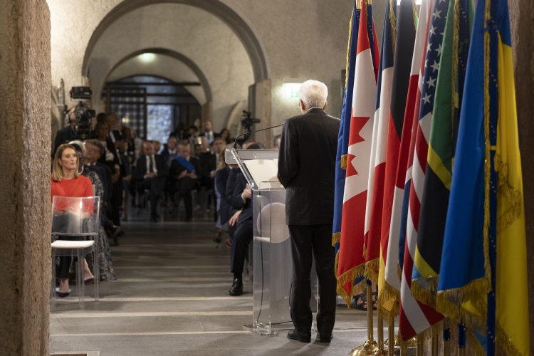 Il Presidente della Repubblica Sergio Mattarella al Museo di Castelvecchio, in occasione della cerimonia di apertura della XXII riunione dei Presidenti delle Camere Basse dei Paesi membri del G7
