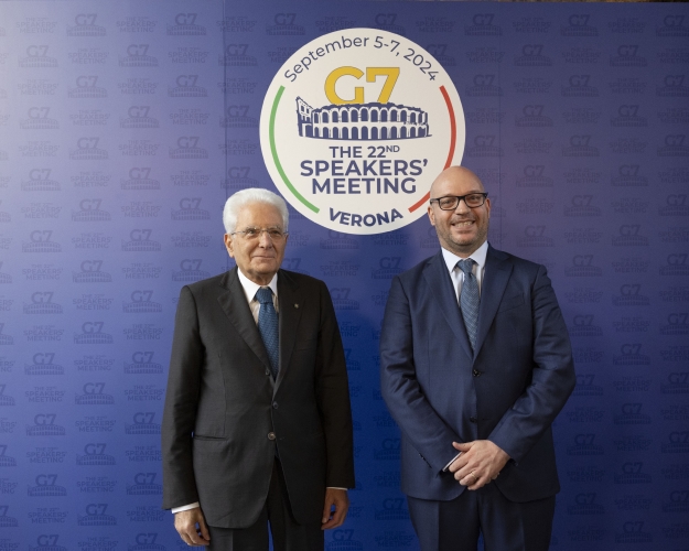 Il Presidente della Repubblica Sergio Mattarella con Lorenzo Fontana, Presidente della Camera dei deputati, in occasione della cerimonia di apertura della XXII riunione dei Presidenti delle Camere Basse dei Paesi membri del G7
