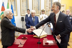 Il Presidente Sergio Mattarella in occasione della cerimonia di giuramento del Ministro della Cultura Alessandro Giuli