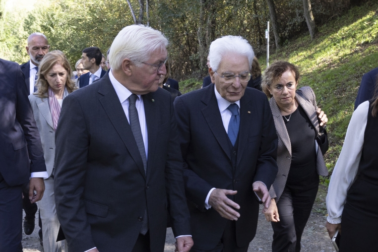 Il Presidente della Repubblica Sergio Mattarella con Frank-Walter Steinmeier, Presidente della Repubblica Federale di Germania, in occasione delle celebrazioni per l’80° anniversario degli eccidi di Monte Sole
