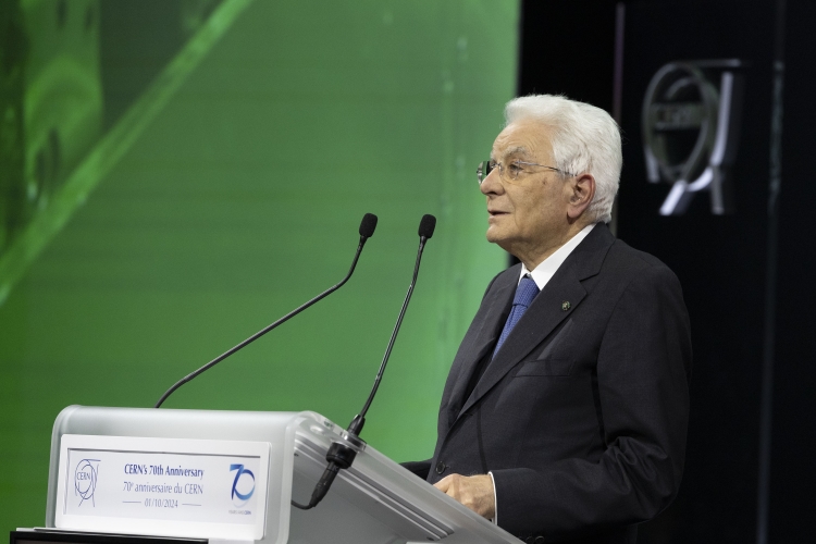 Il Presidente della Repubblica Sergio Mattarella all’Auditorium del Science Gateway, per la celebrazione dei 70 anni del CERN. 
