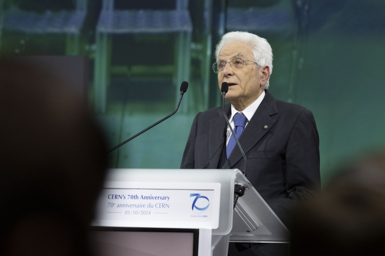Il Presidente della Repubblica Sergio Mattarella all’Auditorium del Science Gateway, per la celebrazione dei 70 anni del CERN. 
