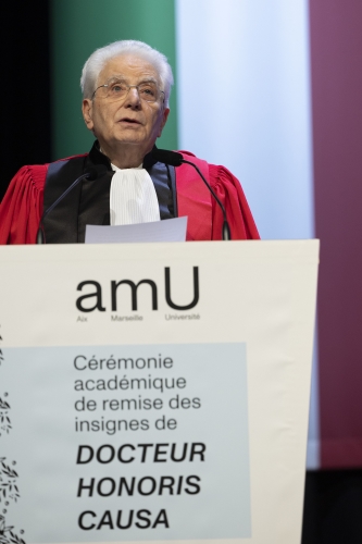 Il Presidente della Repubblica, Sergio Mattarella in occasione della cerimonia di consegna dell’onorificenza accademica di Dottore Honoris Causa dall’Università di Aix-Marseille
