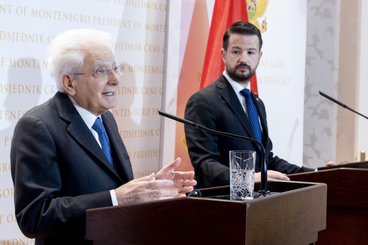 Il Presidente della Repubblica Sergio Mattarella e il Presidente del Montenegro Jakov Milatović durante le dichiarazioni alla stampa