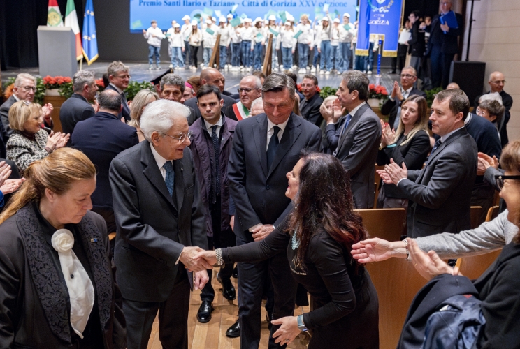 Il Presidente della Repubblica Sergio Mattarella e il Presidente emerito della Repubblica di Slovenia Borut Pahor al termine della cerimonia di conferimento del Premio "Santi Ilario e Taziano - Città di Gorizia"