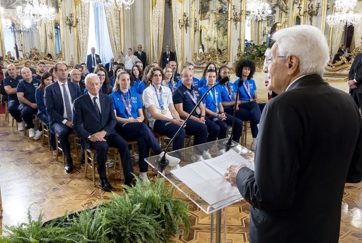 Il Presidente Sergio Mattarella in occasione dell'incontro con la nazionale femminile di pallacanestro vincitrice della medaglia di bronzo e con la nazionale maschile under 20 vincitrice della medaglia d’oro ai campionati europei 2025