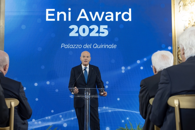 Il Presidente della Repubblica Sergio Mattarella in occasione della Cerimonia di premiazione dei vincitori Eni Award 2025 nel corso dell'intervento di Claudio Descalzi Amministratore delegato di Eni
