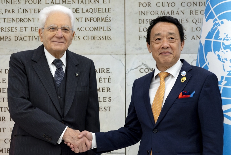 Il Presidente Sergio Mattarella con Qu Dongyu, Direttore generale della FAO, in occasione dell'intervento alla cerimonia di inaugurazione del Museo e Rete per l'Alimentazione e l'Agricoltura (MuNe) nella ricorrenza degli 80 anni della FAO
