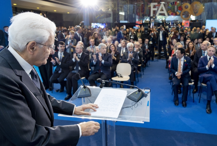 Il Presidente Sergio Mattarella rivolge il suo indirizzo di saluto in occasione dell'intervento alla cerimonia di inaugurazione del Museo e Rete per l'Alimentazione e l'Agricoltura (MuNe) nella ricorrenza degli 80 anni della FAO
