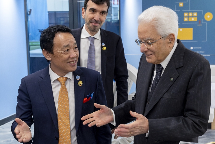 Il Presidente Sergio Mattarella con Qu Dongyu, Direttore generale della FAO e Maurizio Martina, Vice direttore generale della FAO, al termine dell'intervento alla cerimonia di inaugurazione del Museo e Rete per l'Alimentazione e l'Agricoltura (MuNe) nella ricorrenza degli 80 anni della FAO
