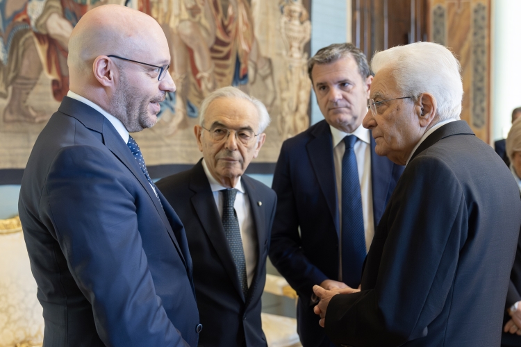 Il Presidente della Repubblica Sergio Mattarella con Lorenzo Fontana, Presidente della Camera dei deputati, Giovanni Amoroso, Presidente della Corte costituzionale, e con Gian Marco Centinaio, Vice Presidente del Senato della Repubblica, in occasione della Cerimonia, di consegna delle Stelle al Merito del Lavoro per l’anno 2025
