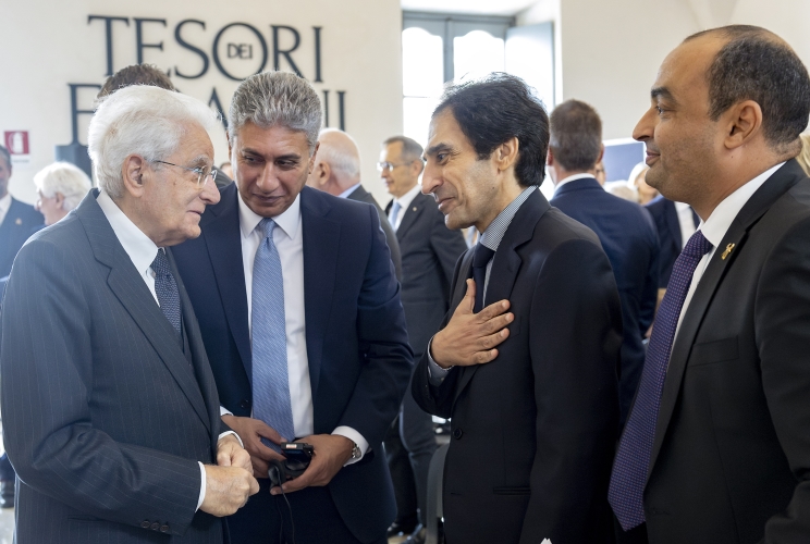 Il Presidente Sergio Mattarella con Sherif Fathy, Ministro del Turismo e delle Antichità della Repubblica Araba d'Egitto, Bassam Essam Rady Abdelhamid Rady, Ambasciatore della Repubblica Araba d’Egitto e il Prof. Mohamed Ismail Khaled, Segretario Generale Antichità Egiziane, in occasione dell'intervento all’inaugurazione della mostra dal titolo: “Tesori dei Faraoni”