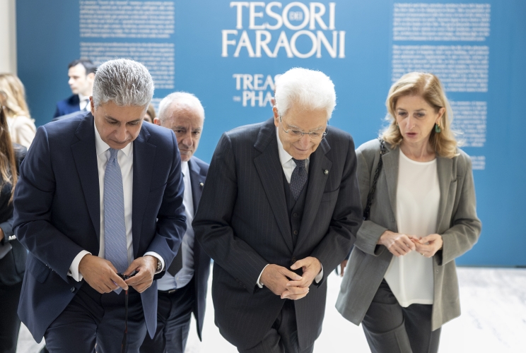 Il Presidente Sergio Mattarella con Sherif Fathy, Ministro del Turismo e delle Antichità della Repubblica Araba d'Egitto, in occasione dell'intervento all’inaugurazione della mostra dal titolo: “Tesori dei Faraoni”