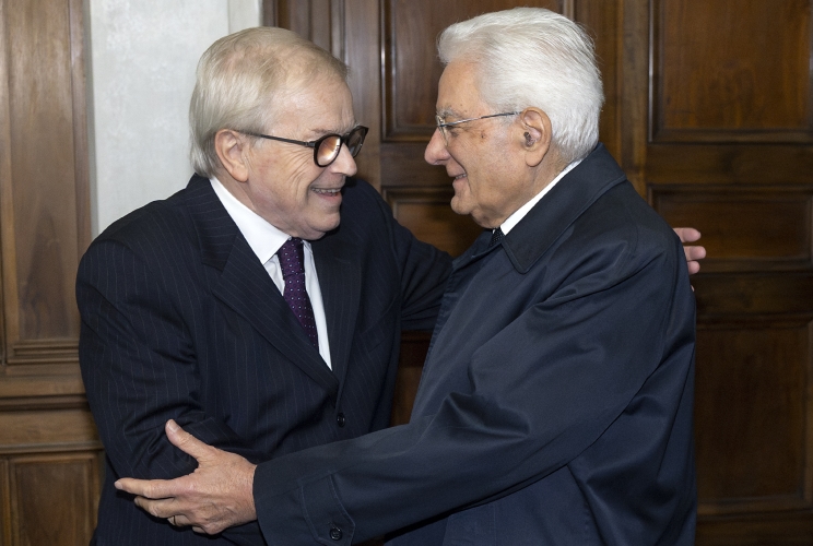 Il Presidente Sergio Mattarella accolto all'Istituto Luigi Sturzo da Pier Luigi Castagnetti, Presidente dell’associazione “I Popolari”, in occasione della cerimonia commemorativa del centesimo anniversario della nascita di Leopoldo Elia