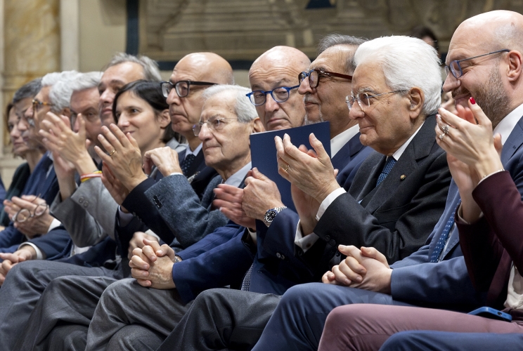 Il Presidente Sergio Mattarella nel corso della cerimonia di presentazione dei discorsi parlamentari di Giorgio Napolitano nel centenario dalla nascita