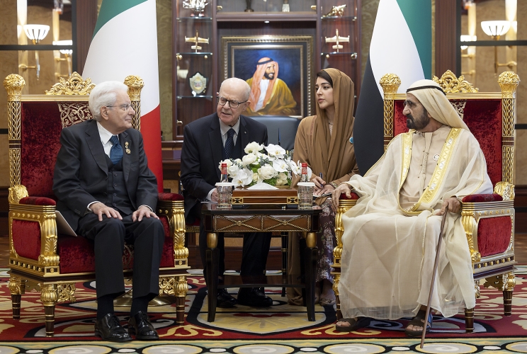 Dubai- Il Presidente della Repubblica Sergio Mattarella in occasione dell'incontro con il Sovrano di Dubai e Vice Presidente e Primo Ministro degli Emirati Arabi Uniti, Sua Altezza Mohammed bin Rashid Al Maktoum