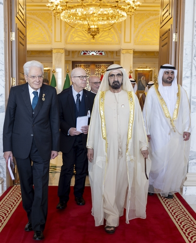 Dubai- Il Presidente della Repubblica Sergio Mattarella in occasione dell'incontro con il Sovrano di Dubai e Vice Presidente e Primo Ministro degli Emirati Arabi Uniti, Sua Altezza Mohammed bin Rashid Al Maktoum