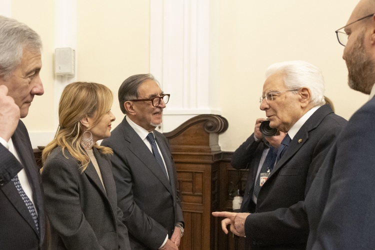 Il Presidente della Repubblica Sergio Mattarella a Palazzo Montecitorio con Ignazio La Russa, Presidente del Senato della Repubblica, 
Giorgia Meloni, Presidente del Consiglio dei ministri,  Antonio Tajani, Vice Presidente del Consiglio dei Ministri-Ministro degli Affari Esteri e della Cooperazione Internazionale e con Lorenzo Fontana, Presidente della Camera dei deputati, in occasione della Celebrazione del Giorno del Ricordo 